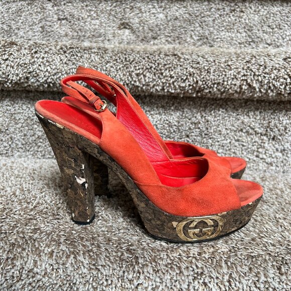 Gucci Women's DISCO Orange Suede Gold GG Platform Cork Heels Sling Back Sandals.